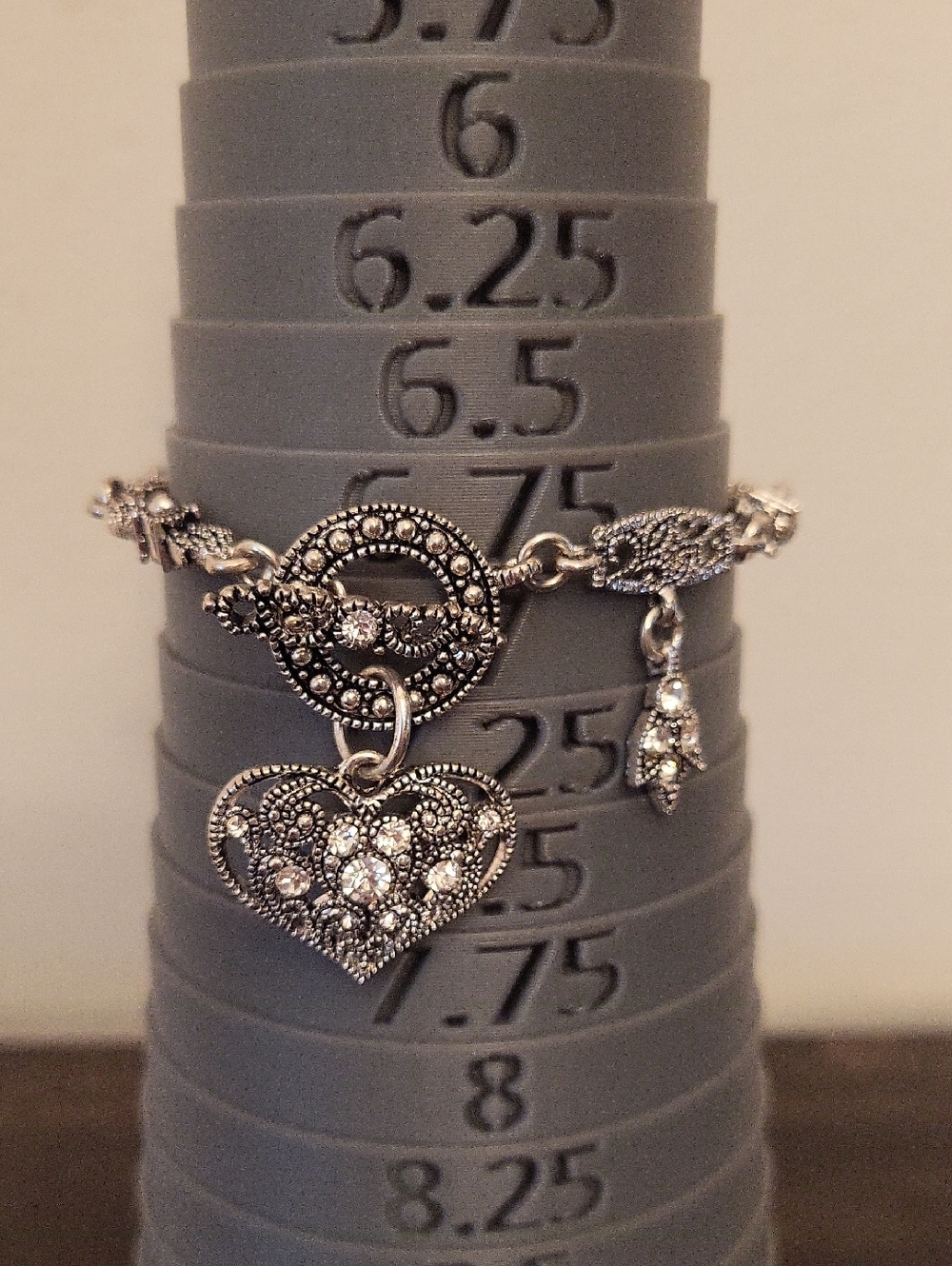 Silver Tone Rhinestones Dangle Heart Toggle Bracelet